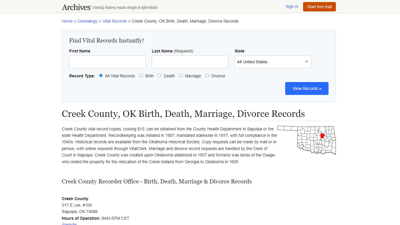 Creek County, OK Birth, Death, Marriage, Divorce Records - Archives.com