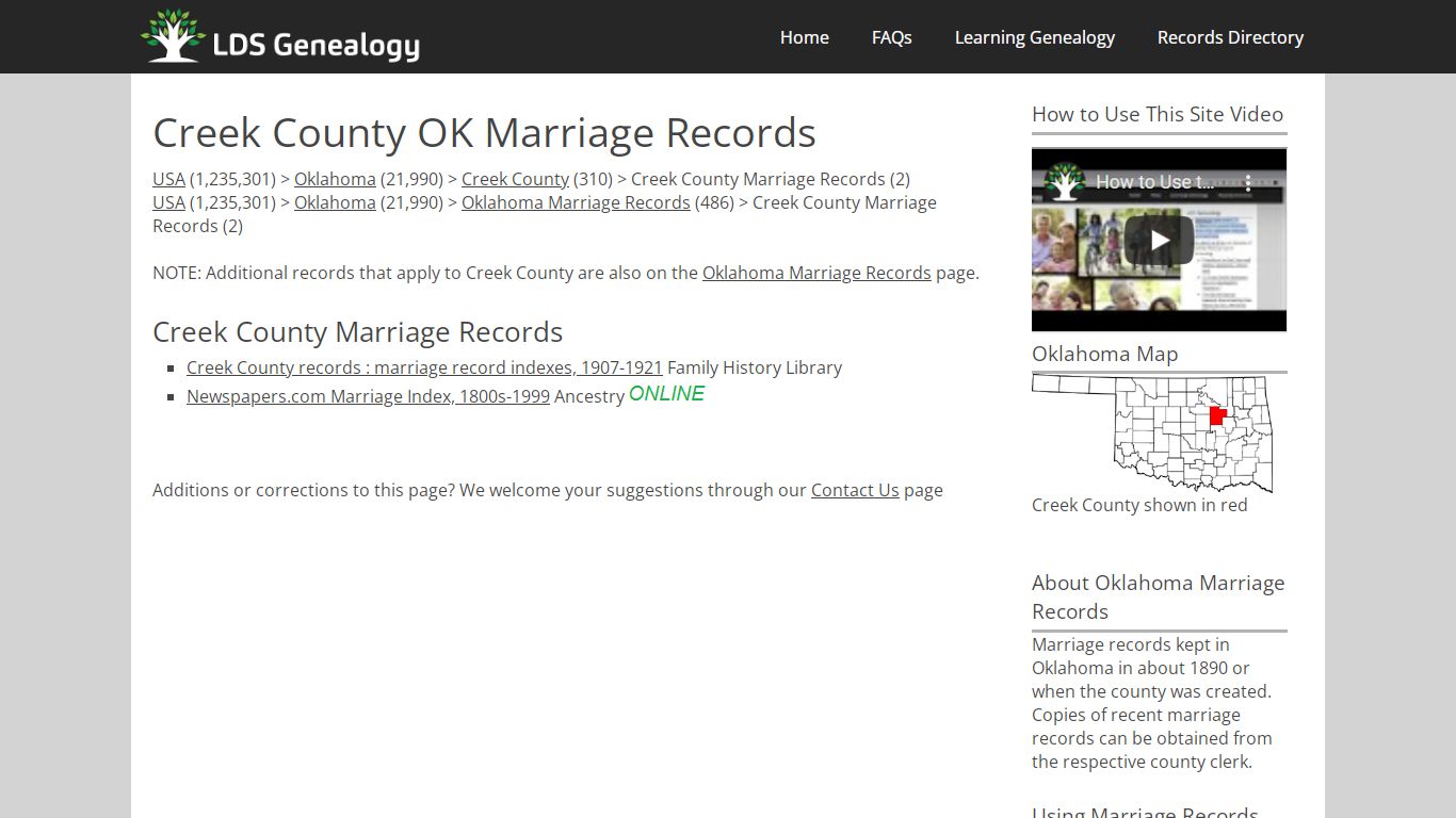 Creek County OK Marriage Records - ldsgenealogy.com